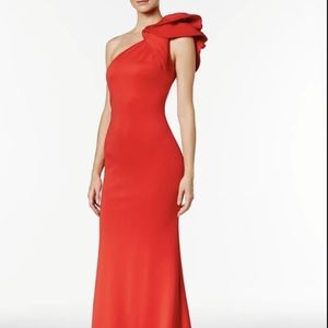 Betsy & Adam ruffle shoulder long gown